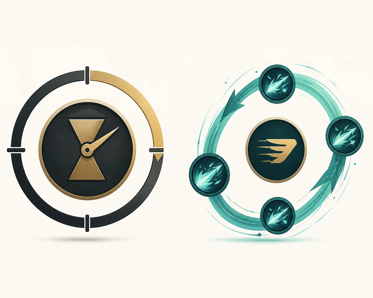 Editorial comparison of a cooldown timer and a repeated ability loop representing CDR and Ability Haste
