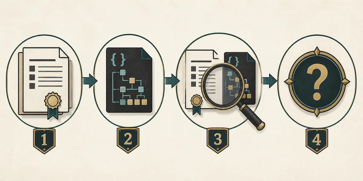Editorial four-step evidence flow from an official source and JSON record to an unresolved question marker