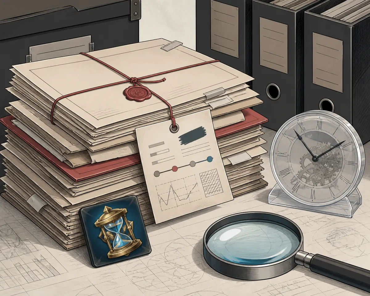 Editorial archive illustration with historical item records, a clock, and a magnifying glass