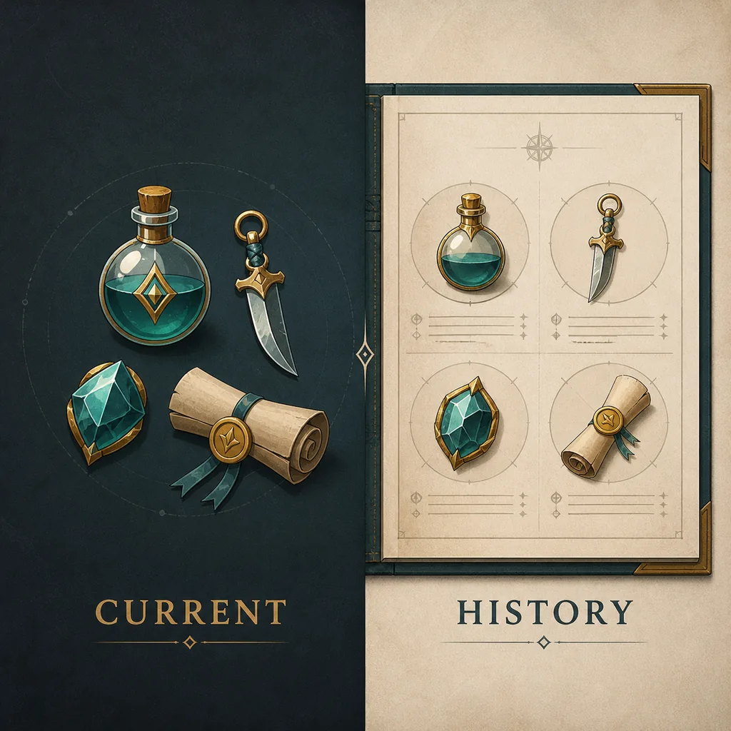 Editorial illustration separating current League Classic item evidence from a historical Season 3 item archive