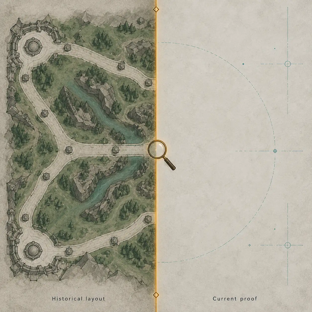 Editorial concept diagram separating a historical map layout from current map evidence