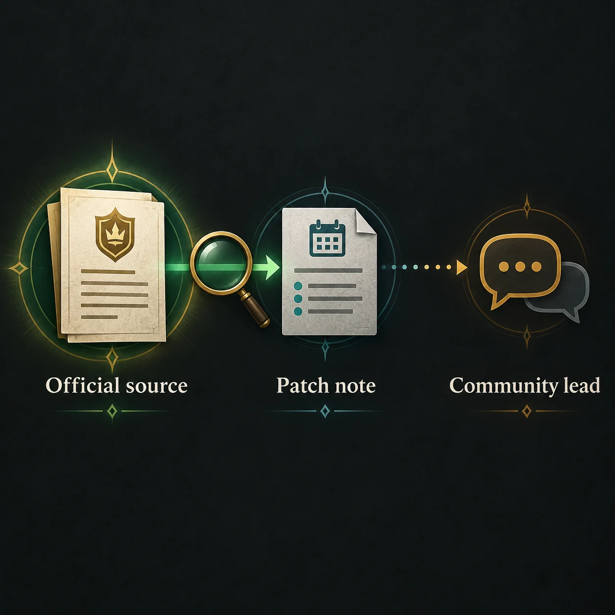 Editorial source-check diagram showing an official source, patch note, and community lead