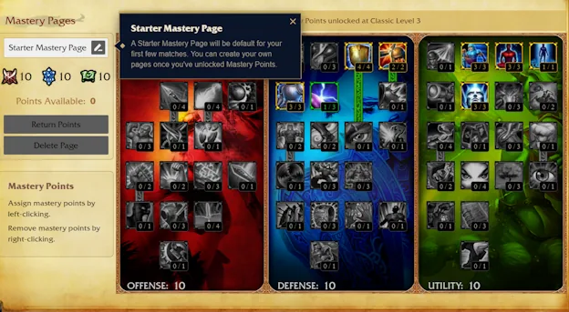 Official League Classic mastery page with Offense, Defense, and Utility trees