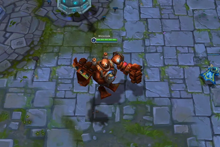 Imagen de partida del artículo de desarrollo de Riot: Blitzcrank en un carril de piedra de estilo Classic