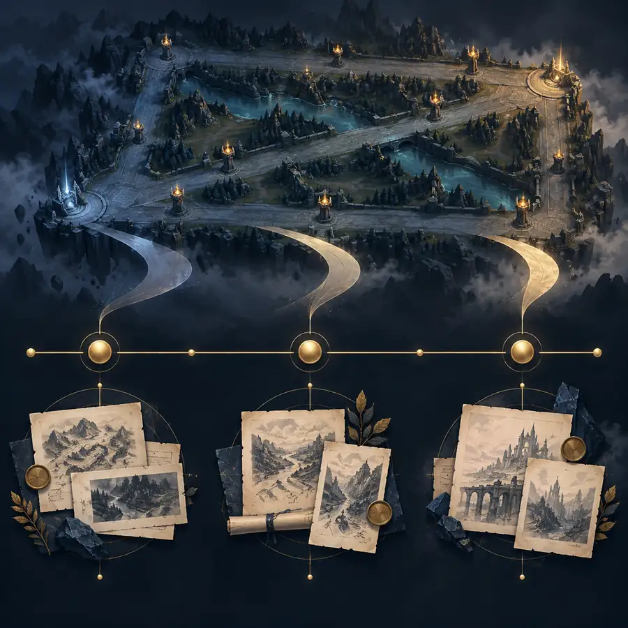 Illustrazione editoriale del roadmap con mappa a tre corsie e tre tappe di prova