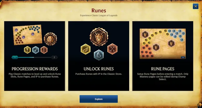 Official League Classic screen showing rune progression rewards, rune purchases, and rune page setup