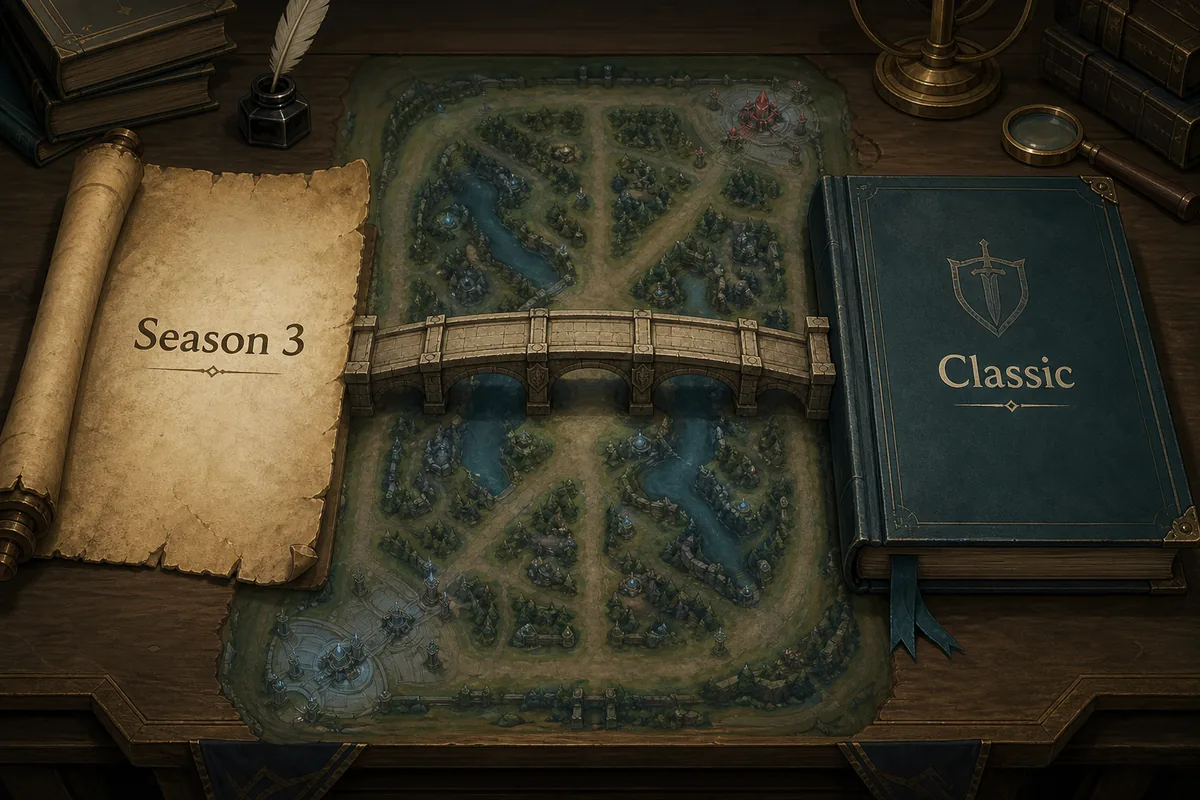 Ilustração editorial comparando arquivo da Temporada 3 com registro atual de League Classic