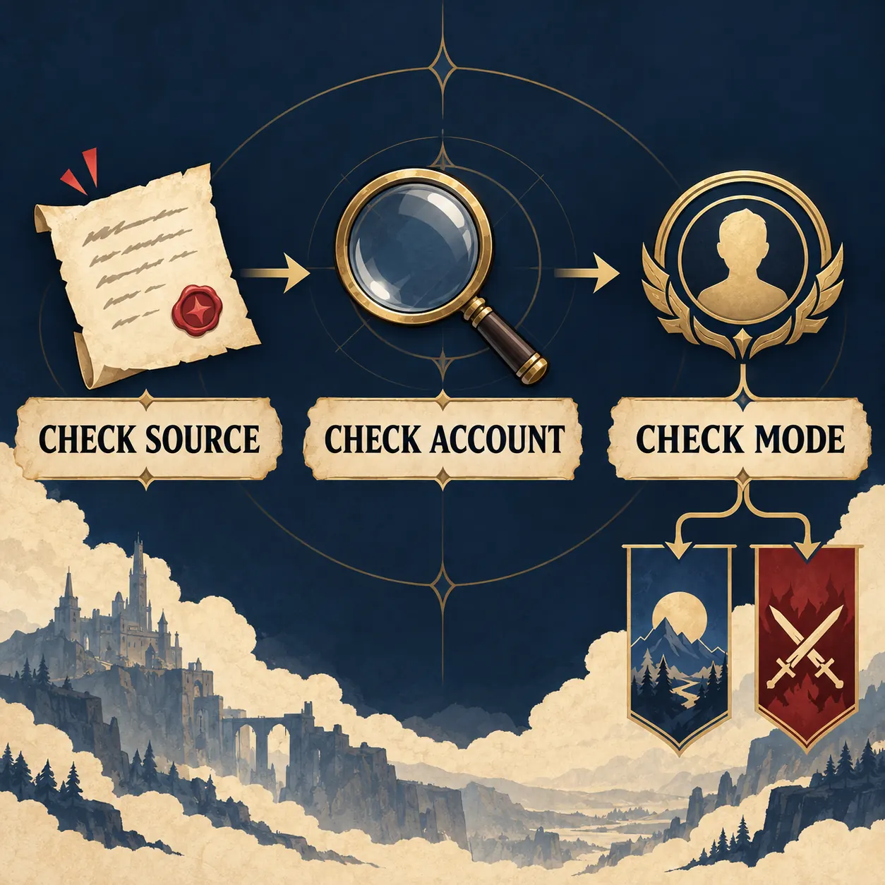 Editorial three-step flow showing check source, check account, and check mode for a League Classic skin claim