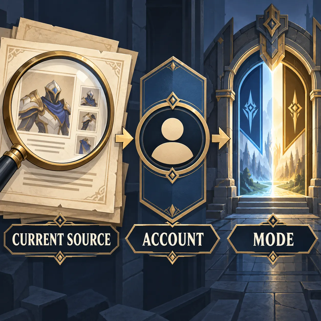 Editorial evidence diagram connecting a current source, an account record, and a game mode gate