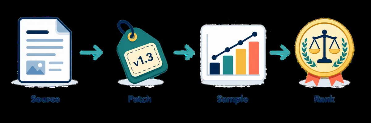 Four-step editorial flow from source and patch to sample and ranking review