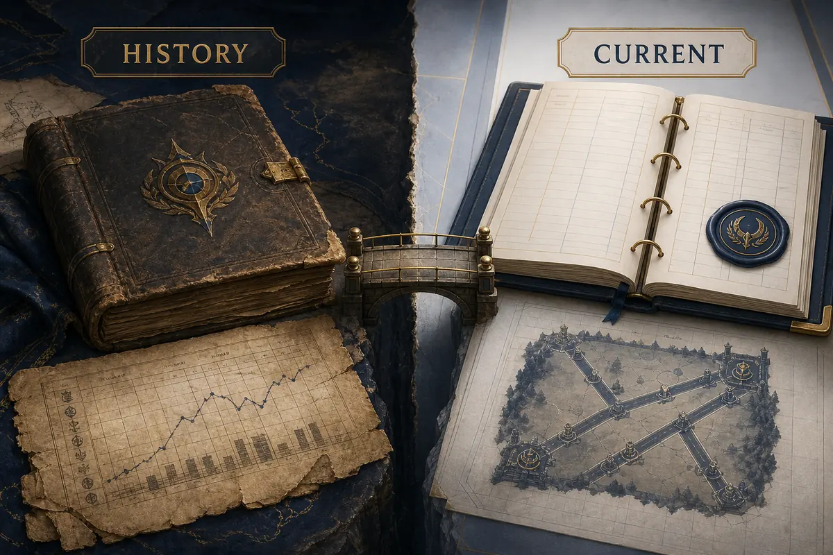 Ilustración editorial que separa el archivo histórico de la Temporada 3 de la evidencia actual de League Classic