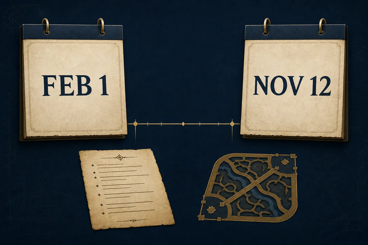 Ilustración editorial del intervalo entre el 1 de febrero y el 12 de noviembre en una línea temporal histórica